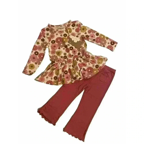 Girls 18-24 Month Peplum Top Flare Pants Outfit Set Retro Floral 70s Bamboo Boho - Picture 1 of 2